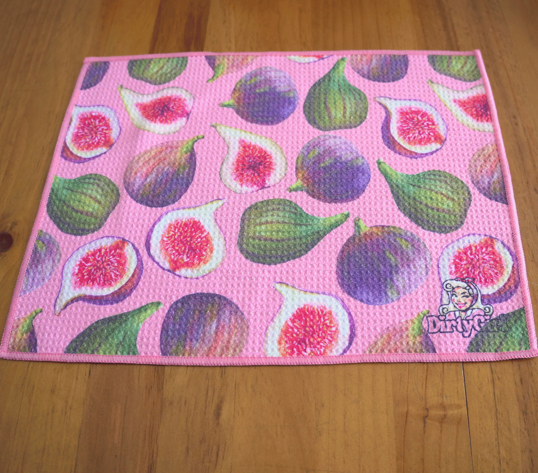 Flatlay of DirtyGirl Fig Delight Cloth laid flat on benchtop – Quick-drying fabric