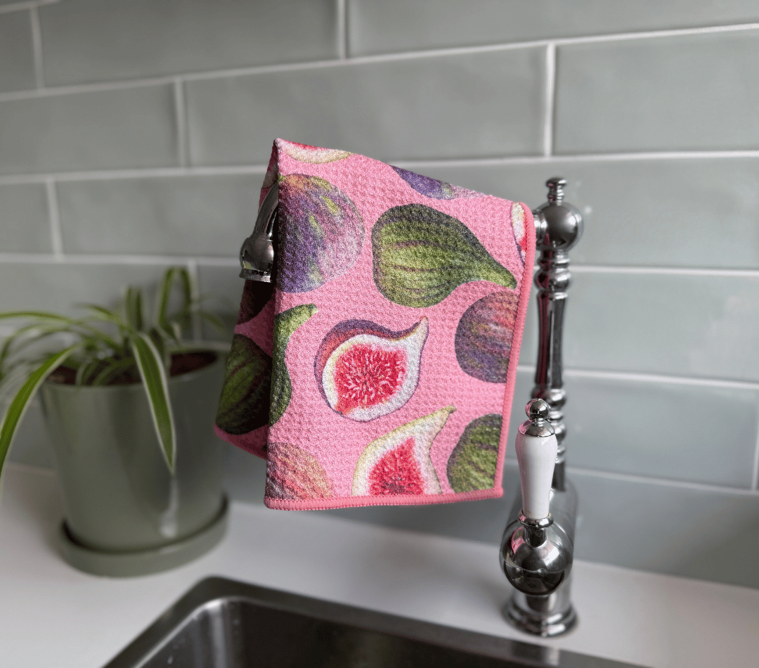 DirtyGirl Fig Delight Cloth draped over sink tap – Absorbent weave for spills