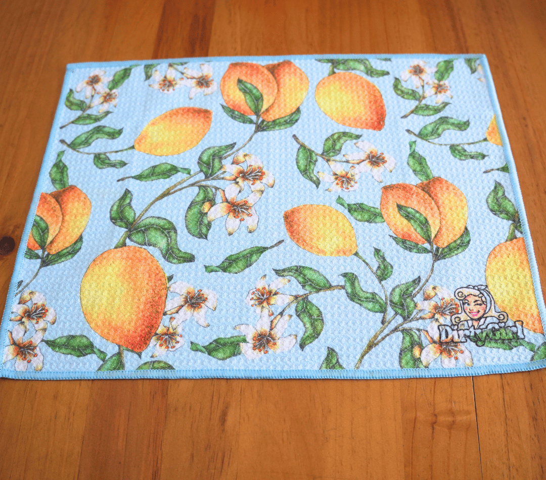 Flatlay of DirtyGirl Lemon Twist Cloth laid flat on benchtop – Quick-drying fabric