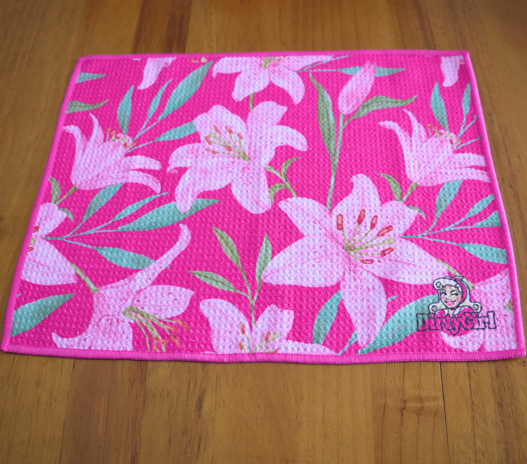 Flatlay of DirtyGirl Lily Blush Cloth laid flat on benchtop – Quick-drying fabric