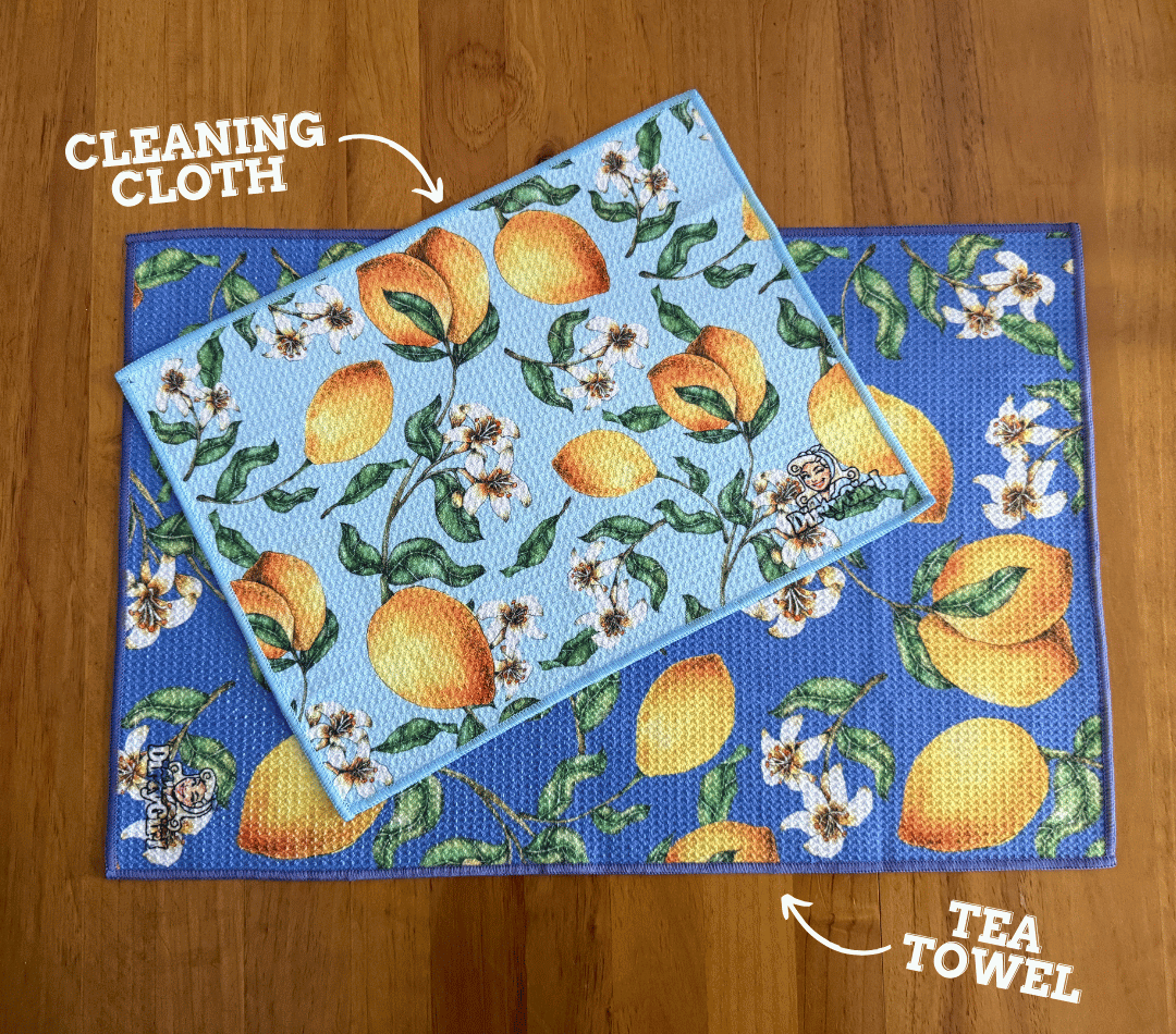 DirtyGirl Lily Blush Cloth shown with Tea Towel for size comparison – Soft on surfaces