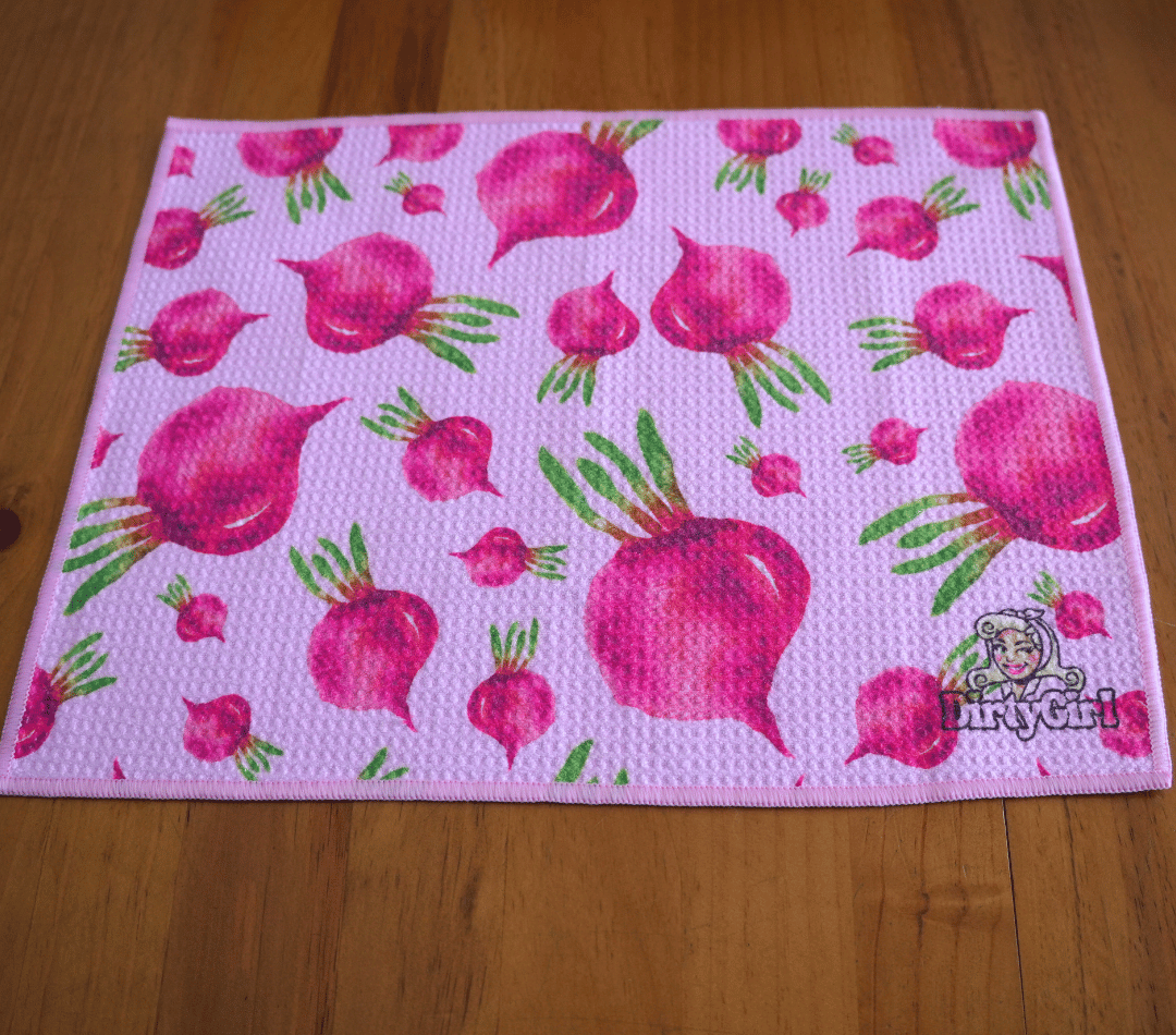 Flatlay of DirtyGirl Radish Remedy Cloth laid flat on benchtop – Quick-drying fabric