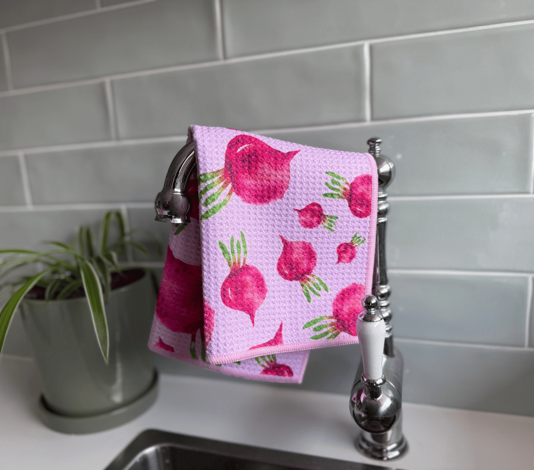 DirtyGirl Radish Remedy Cloth draped over sink tap – Absorbent weave for spills