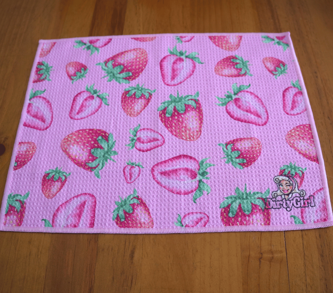 Flatlay of DirtyGirl Strawberry Kiss Cloth laid flat on benchtop – Quick-drying fabric